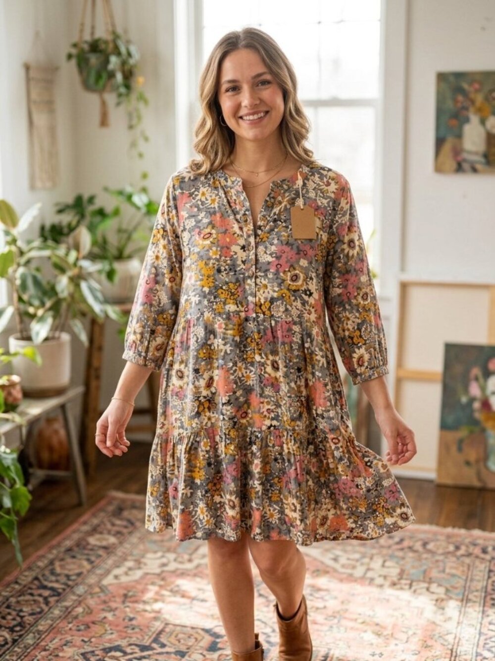 NWT Natural Life Anita Tunic Dress Tiered Babydoll Boho Dress Size Medium